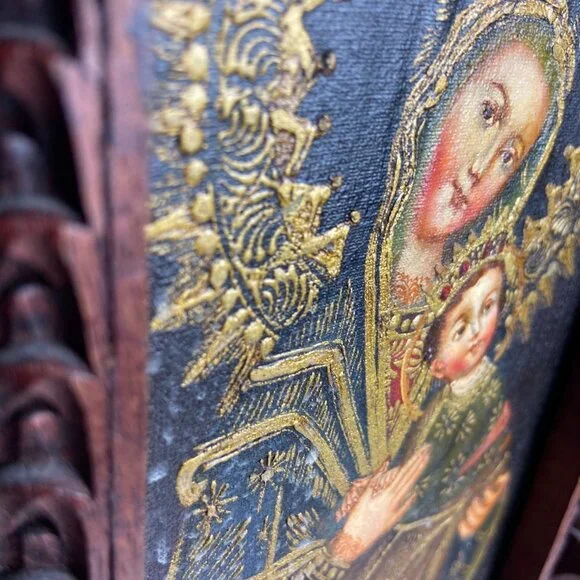 Vintage Religious Old Icona Virgin Mary & Baby Jesus Framed Picture - Picture 4 of 16